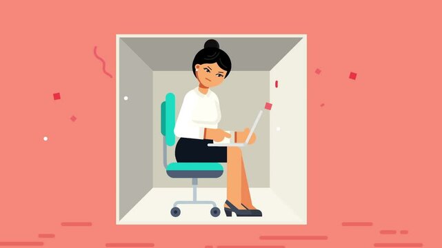 Woman in Office Chair Using Red Thread to Escape Stressful Work Environment