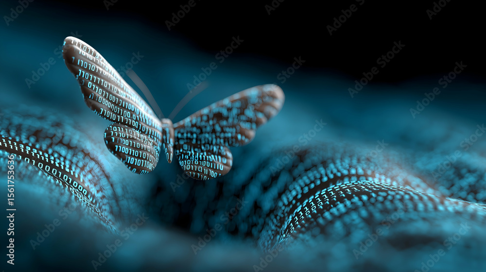 Poster a digital butterfly made of glowing binary code rests on a textured surface, blending nature with te