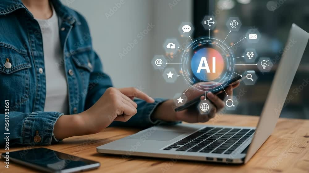 Poster ai-powered productivity: woman using smartphone and laptop with ai technology icons - artificial int