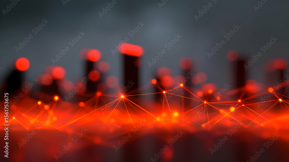 Poster a glowing red network grid with connecting nodes against a dark, blurred cityscape background.