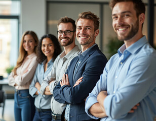 Obraz premium Group of diverse business people in office with crossed arms smiling. Teamwork, startup success, leadership, collaboration, diversity, happy employees for mission. Company pride, trust, confident