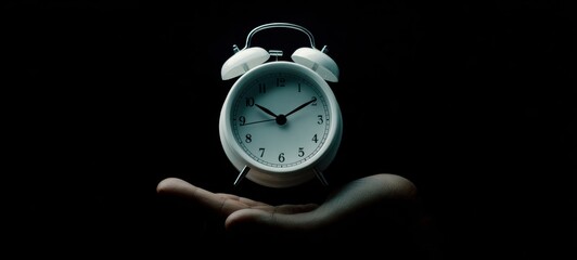 The elegant alarm clock held gracefully against a dark background.