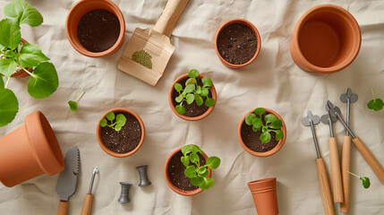 Seed Starting Flatlay with Terracotta Pots and Gardening Tools