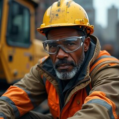 a highly detailed, cinematic photograph of a realistic Indonesian American male engineer in his mid-30s, standing in a rugged outdoor construction site, wearing a worn yellow hard hat.