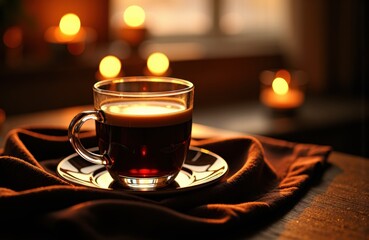 Obraz premium Hot black coffee in a glass cup on a saucer with candlelight background creating a cozy atmosphere