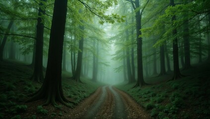 Fototapeta premium Foggy Forest Path Lined with Towering Green Trees Under Mysterious Atmosphere