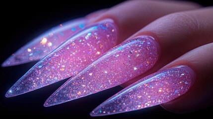Obraz premium Close-up of long, pointed nails with pink glitter