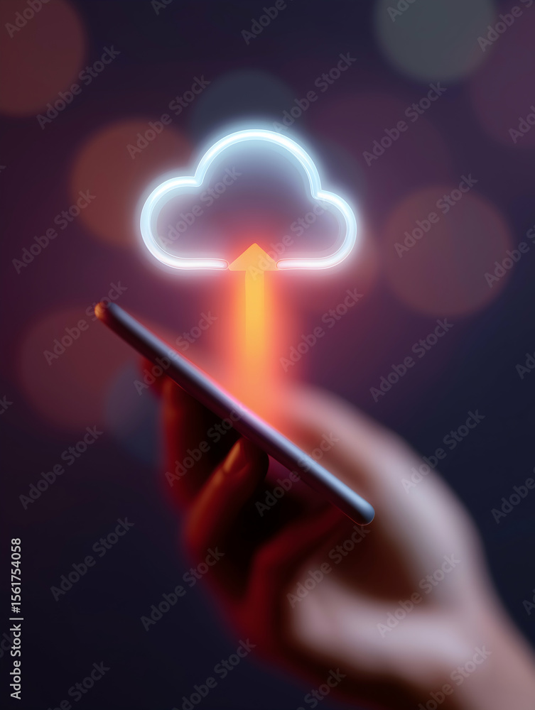Poster a hand holding a smartphone with a glowing cloud icon and an upward arrow symbolizing cloud data upl