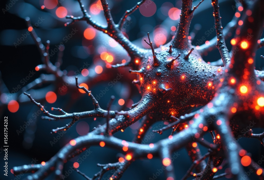 Poster neuron with glowing synapses in dark background, highlighting neural activity and connectivity
