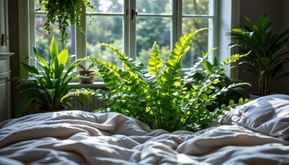 analyze the benefits of using air purifying ferns in bedrooms for continuous oxygen release and freshness.