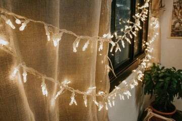 Warm fairy lights drape across a beige sheer curtain, illuminating a window