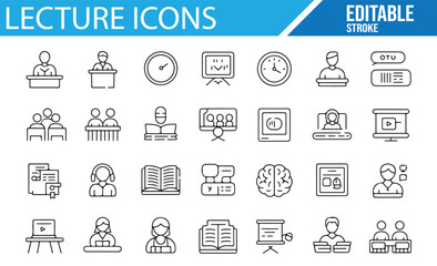Collection of editable vector lecture icons for education, online classes, lectures, learning, and teaching, including symbols for students, teachers, books, video, and communication.