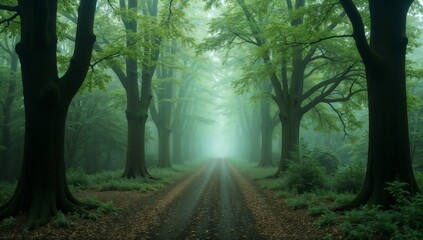 Fototapeta premium Enchanted Forest Pathway Surrounded by Lush Greenery in a Mystical Atmosphere