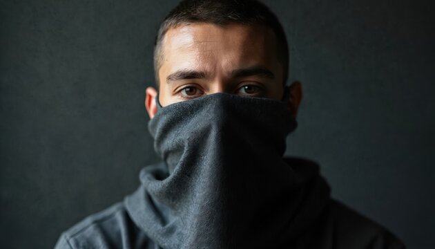 Man face mouth covered by cloth. Portrait of mysterious person. Hidden identity concept. Concealment, secrecy, silence, censorship concept. Dark background. Close-up of eyes looking camera. - Powered by Adobe
