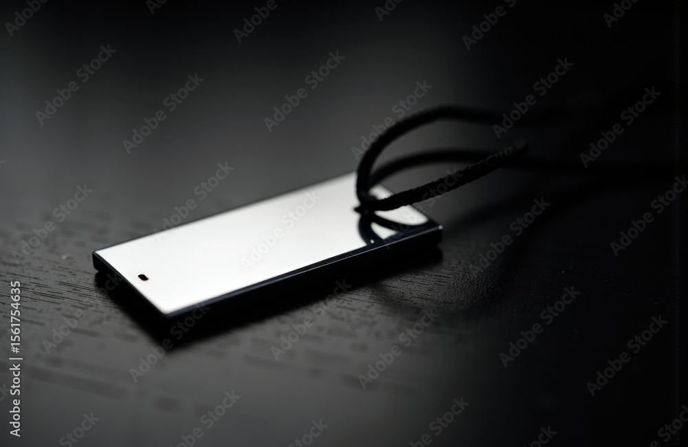 Poster blank white name tag with black string lying on dark wooden surface, minimalistic and simple design 