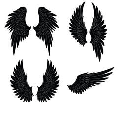 Four pairs of black wings isolated on white background