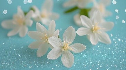 Naklejka premium Delicate White Flowers on Sparkling Turquoise Glitter