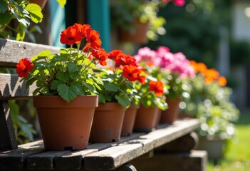 Bright red geraniums in terracotta pots line a wooden garden bench outdoors