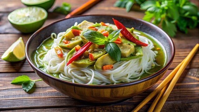Cambodian nom banh chok &mdash; rice noodles with green curry fish sauce, herbs, and vegetables