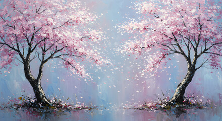 Blossom's Embrace: Two majestic cherry blossom trees stand side by side, their vibrant pink petals cascading down in a dance of spring. Witness the quiet harmony of nature.