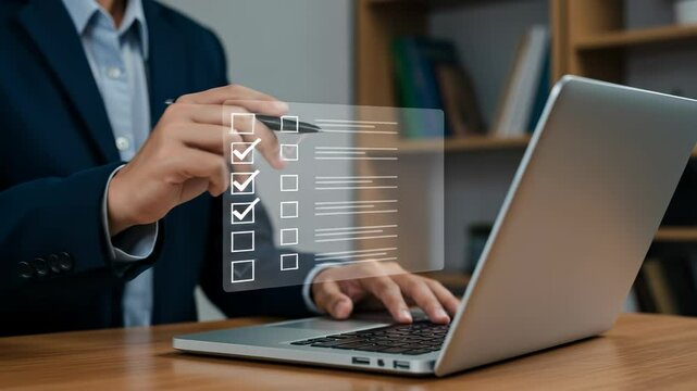 Online Checklist: Business Man Completing Digital Survey on Laptop - Compliance, Productivity