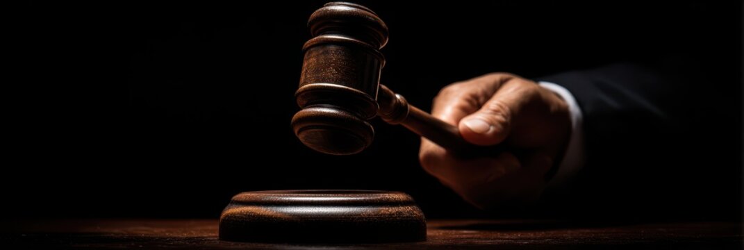 Judge Hitting Gavel in Courtroom. Symbol of Authority and Justice