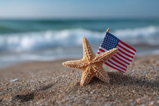 Starfish and an American flag on the beach waves in the background