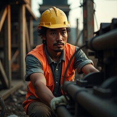 a highly detailed, cinematic photograph of a realistic Indonesian American male engineer in his mid-30s, standing in a rugged outdoor construction site, wearing a worn yellow hard hat.