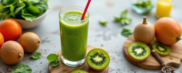 Fototapeta premium explain the benefits of fresh kiwi and spinach juice served cold as a vitamin rich summer beverage.