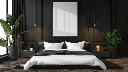Sophisticated Black Wooden Modern Minimalist Bedroom with Frame Mockup and 3D Rendering