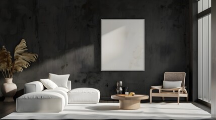 Sophisticated Modern Black Wooden Living Room with Uncluttered Minimalist Interior and Frame Mockup