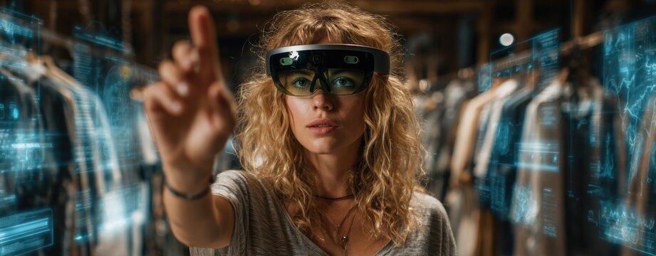 A young woman with curly blonde hair uses augmented reality glasses while interacting with a digital interface in what appears to be a clothing store environment.