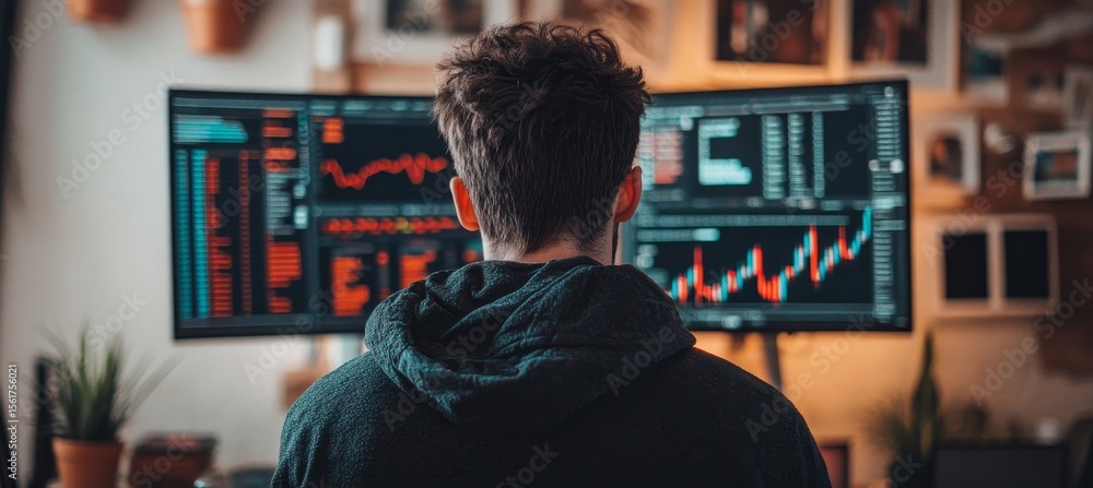 Poster contemplative entrepreneur analyzing data on multi-monitor configuration in modern home office setup