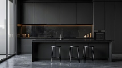 Stylish Black Wooden Modern Kitchen with Minimal Appliances in Clean Minimalist Interior with Frame Mockup