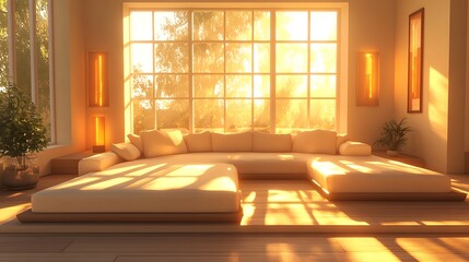 Sunlit Minimalist Living Room with Cozy Furnishings and Natural Accents