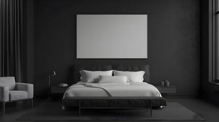 Tranquil Black Wooden Modern Minimalist Bedroom with Clean Interior Design and Frame Mockup