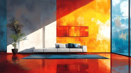 Vibrant and Minimalist Living Room with Colorful Abstract Painting and Bright Natural Lighting