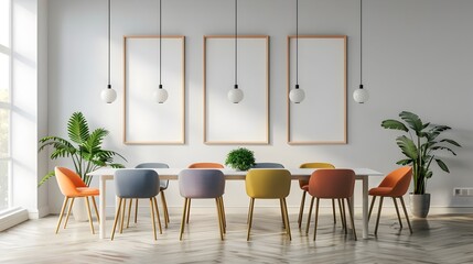 Vibrant Minimalist Dining Room with Colorful Furniture Settings and Frame Mockup