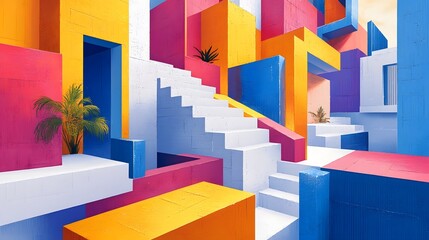 Vibrant Architectural Composition with Geometric Stairs and Colorful Minimalist Design