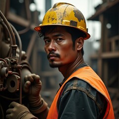 a highly detailed, cinematic photograph of a realistic Indonesian American male engineer in his mid-30s, standing in a rugged outdoor construction site, wearing a worn yellow hard hat.