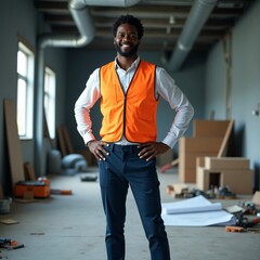 a highly detailed, cinematic photograph of a realistic Indonesian American male engineer in his mid-30s, standing in a rugged outdoor construction site, wearing a worn yellow hard hat.
