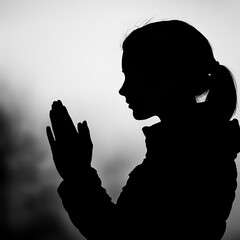 Silhouette of Contemplation: A serene silhouette of a person in deep prayer, hands clasped in a gesture of reverence, against a soft, atmospheric backdrop.