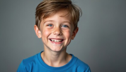 Close-up portrait happy young boy. Smiling child with bright blue eyes, warm smile, radiating joy. Positive emotions. Cute kid portrait on neutral grey background. Pure, innocent, cheerful face.