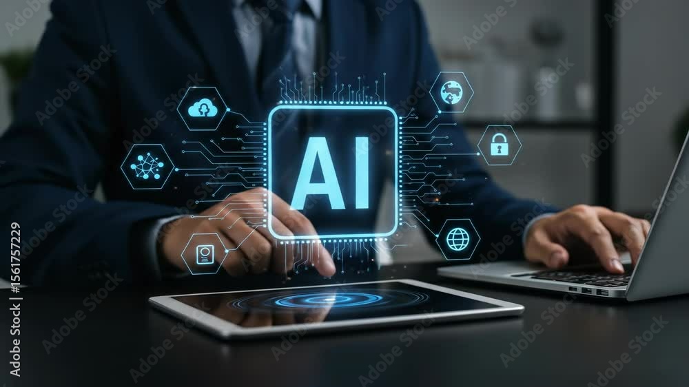 Poster ai technology: business man using artificial intelligence on tablet & laptop - future of tech, autom