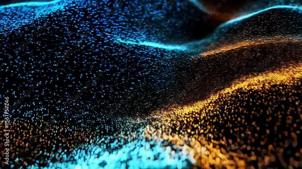 Poster a dynamic abstract background with blue and orange glowing particles in waves
