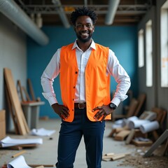 a highly detailed, cinematic photograph of a realistic Indonesian American male engineer in his mid-30s, standing in a rugged outdoor construction site, wearing a worn yellow hard hat.