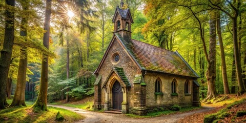 Obraz premium Ancient church structure blends seamlessly into forest surroundings behind foliage of deciduous trees , forest