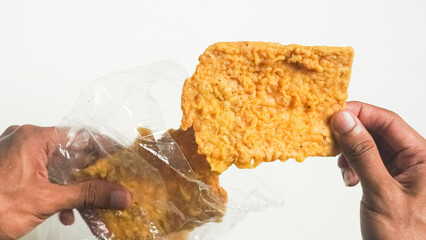 Crispy Fried Tofu Snack in Plastic Bag, Close-Up