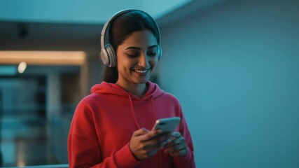 Happy young woman listening to music on headphones while using smartphone indoors at night - Powered by Adobe
