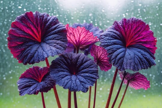 Vibrant, round leaves in shades of purple and pink, clustered, with raindrops, in front of a blurred background of rain-streaked greenery